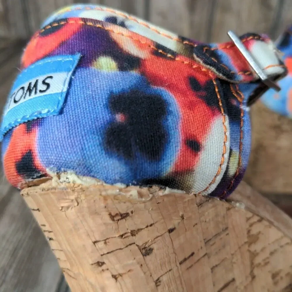 Toms Wedge Sandals Floral Hawaiian Platform Ankle Strap Peep Toe Shoes‎ Size 6